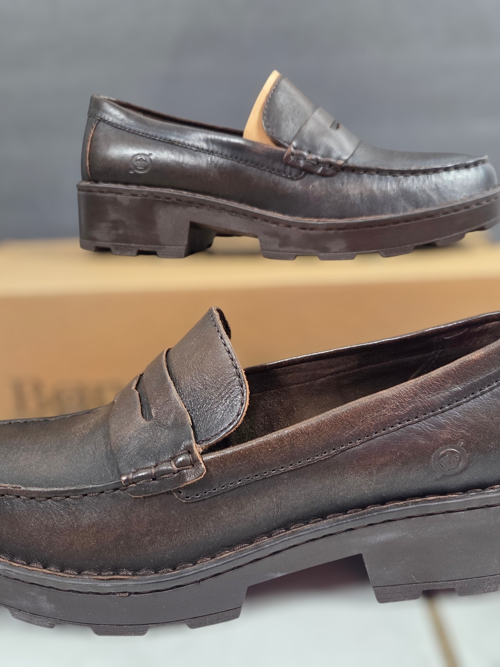 Born Women's Brown Carrera Leather Chunky Heel Penny Loafers